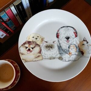 Pier 1 Imports Ironstone Plate Dogs & Cats with Headphones Design